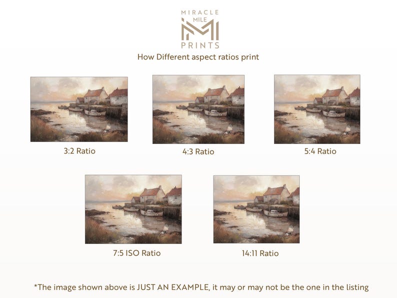 May include: A graphic showing how different aspect ratios affect the appearance of a print of a painting of a seascape with a small village. The painting shows a sunset over a calm body of water with boats docked at a pier. The text below each image shows the aspect ratio.