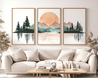 Berg Wand Kunst, Aquarell Landschaft Druck, Sonnenuntergang See Poster, Natur Wand Kunst Dekor, 3-teilige gedruckte Kunst, Triptychon Wandkunst, Geschenk