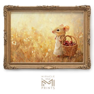 May include: A painting of a small mouse wearing a white dress and carrying a basket of red berries. The mouse is standing in a field of yellow wildflowers.