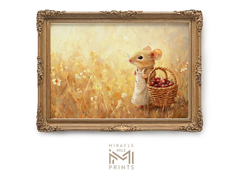 May include: A painting of a small mouse wearing a white dress and carrying a basket of red berries. The mouse is standing in a field of yellow wildflowers.