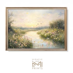 May include: A painting of a tranquil river scene with a soft, pastel color palette. The river winds through a field of wildflowers and is surrounded by lush greenery. The sky is a pale blue with hints of pink and orange, suggesting a sunrise or sunset. Butterflies flutter in the air, adding to the peaceful atmosphere.
