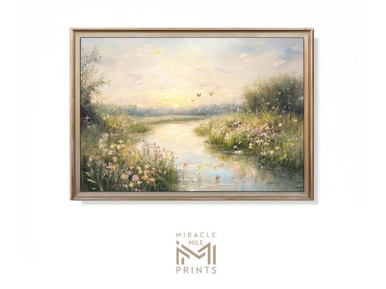 May include: A painting of a tranquil river scene with a soft, pastel color palette. The river winds through a field of wildflowers and is surrounded by lush greenery. The sky is a pale blue with hints of pink and orange, suggesting a sunrise or sunset. Butterflies flutter in the air, adding to the peaceful atmosphere.