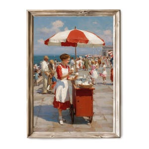 Vintage Ice Cream Vendor Print, Retro Summer Market Wall Art, Beach Umbrella Scene, Nostalgic Digital Decor 52