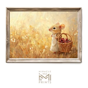 May include: A painting of a small brown mouse carrying a basket of red berries in a field of yellow wildflowers.