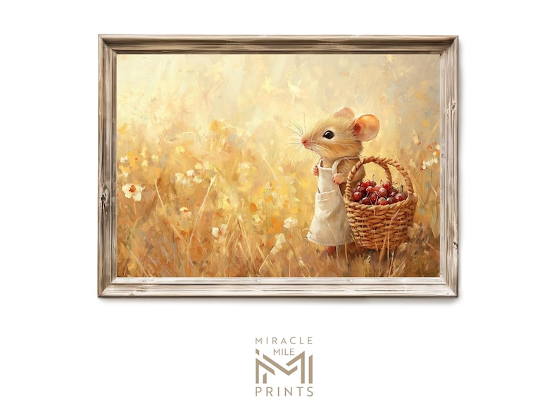 May include: A painting of a small brown mouse carrying a basket of red berries in a field of yellow wildflowers.