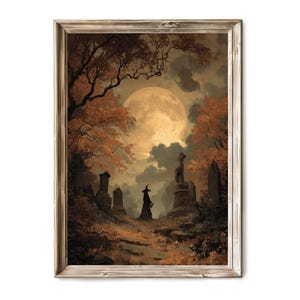 Halloween Printable Art, Vintage Painting of Old Witch in Moonlit Forest, Spooky Rustic Decor, Haunted Fall Digital Wall Art 311