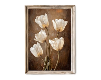 White Tulip Wall Art, Vintage Spring Floral Farmhouse Decor