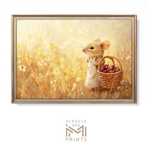 May include: A painting of a small mouse wearing a white apron and carrying a basket of red berries in a field of yellow wildflowers.