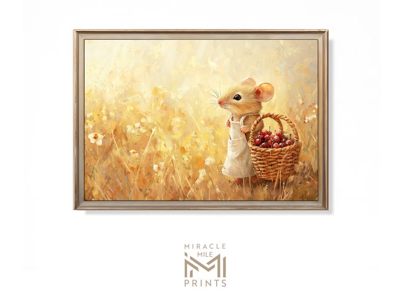 May include: A painting of a small mouse wearing a white apron and carrying a basket of red berries in a field of yellow wildflowers.