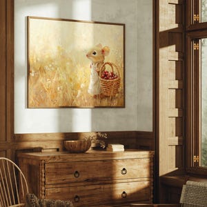 May include: A framed painting of a small, brown mouse wearing a red dress and carrying a basket of red berries. The mouse is standing in a field of tall grass.