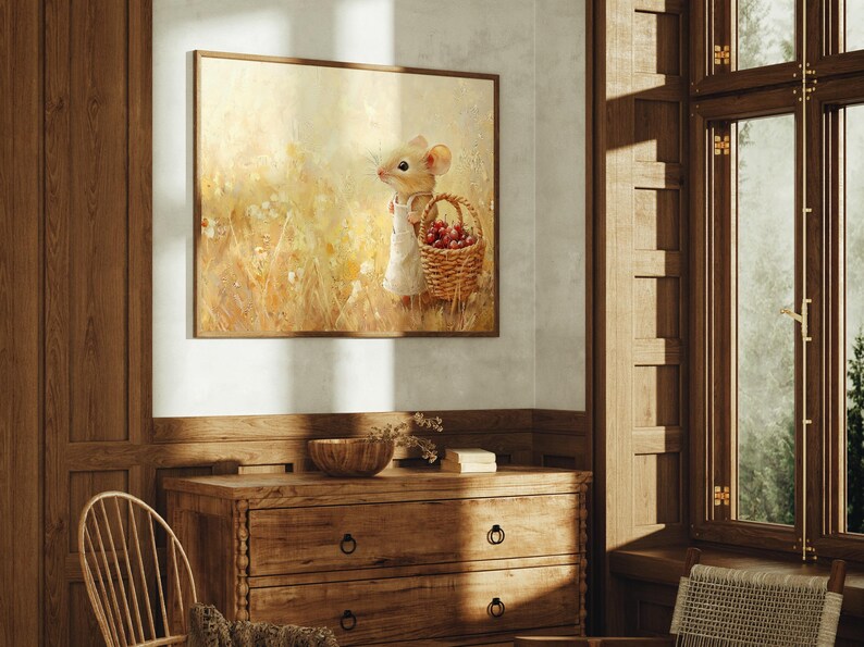 May include: A framed painting of a small, brown mouse wearing a red dress and carrying a basket of red berries. The mouse is standing in a field of tall grass.