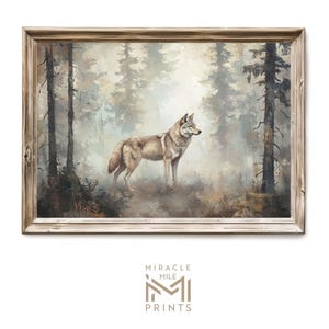 Printable Vintage Wolf Wall Art, Rustic Oil Painting Digital Download, Moody Woodland Decor for Home, Cabin, Farmhouse, Gift for Wolf Lovers