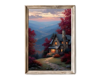 Fall Mountain Cottage Wall Art Rustic Autumn Landscape V 433