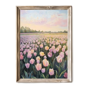 Pink Tulip Field Vintage Spring Art