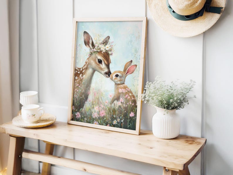 Easter Fawn Bunny Print, Woodland Spring Nursery Art - Etsy