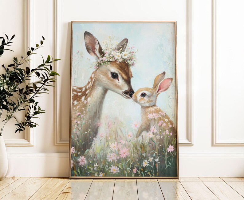 Easter Fawn Bunny Print, Woodland Spring Nursery Art - Etsy