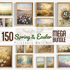 May include: A collection of 150 printable wall art images featuring spring and Easter themes. The images include flowers, butterflies, bunnies, birds, and other nature-inspired designs. The images are perfect for adding a touch of spring to your home decor.