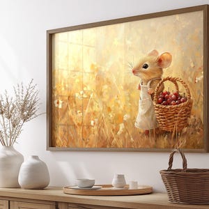 May include: A painting of a cute cartoon mouse holding a basket of red cherries. The mouse is wearing a white dress and a brown apron. The background is a yellow field with green grass and white flowers.