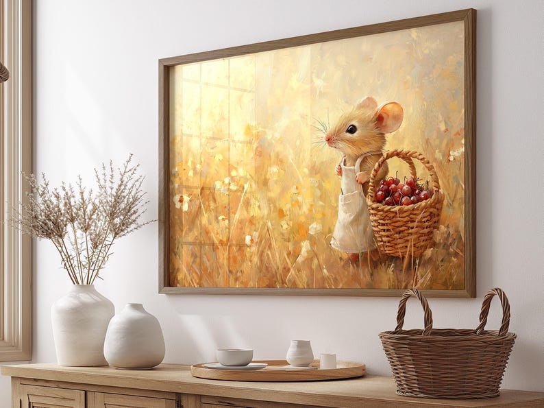 May include: A painting of a cute cartoon mouse holding a basket of red cherries. The mouse is wearing a white dress and a brown apron. The background is a yellow field with green grass and white flowers.