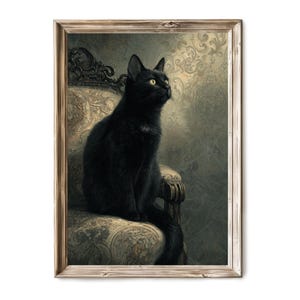 May include: A framed vintage-style print features a black cat with yellow eyes, seated on an ornate chair. The cat is the focal point, set against a muted, patterned background. The frame is a light wood color.