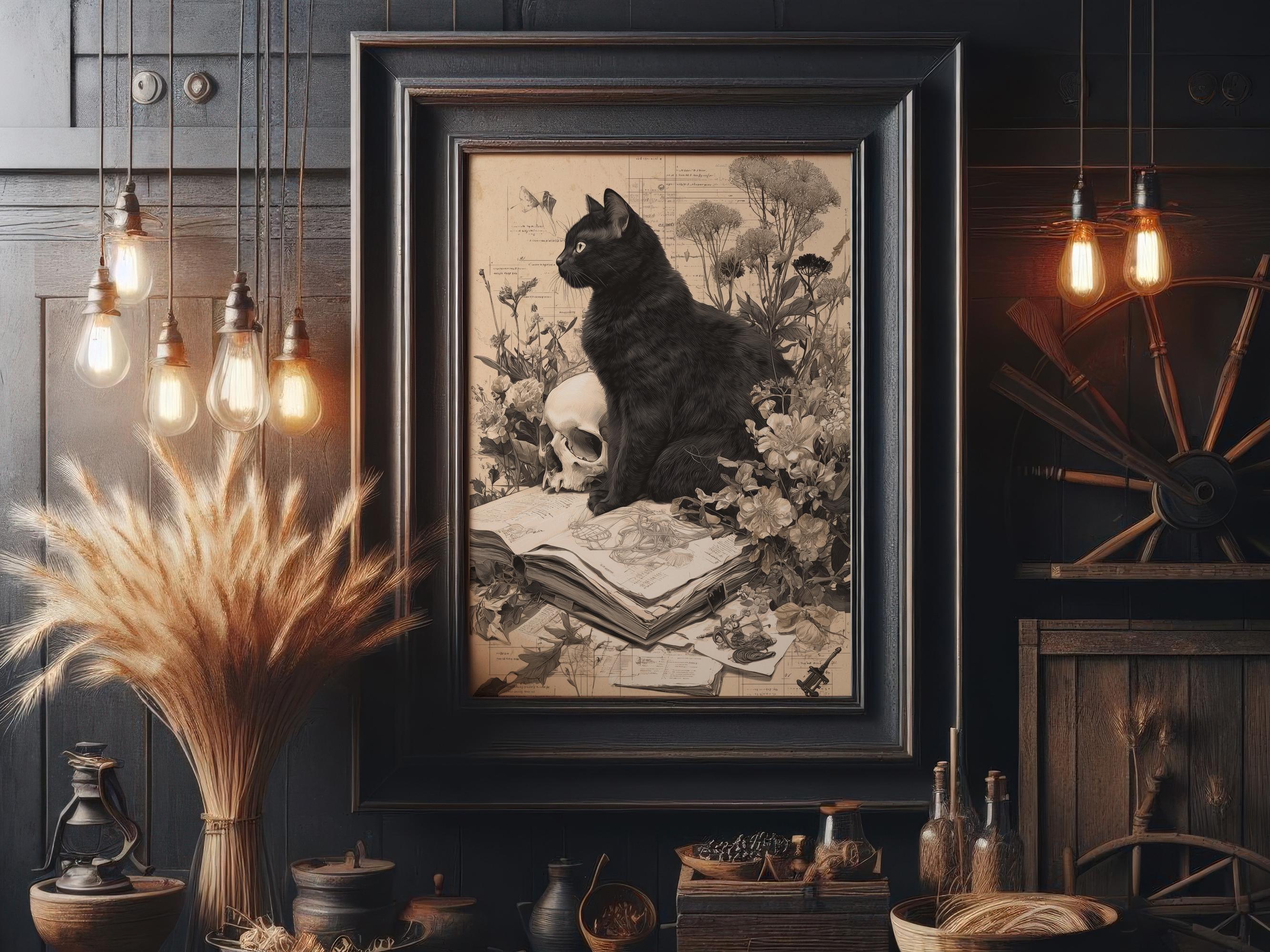 ハロウィンの壁アートデコレーション、図書館で読書をする黒猫と頭蓋骨