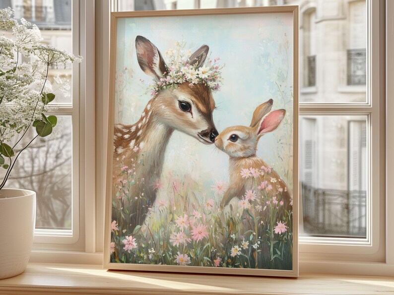 Easter Fawn Bunny Print, Woodland Spring Nursery Art - Etsy