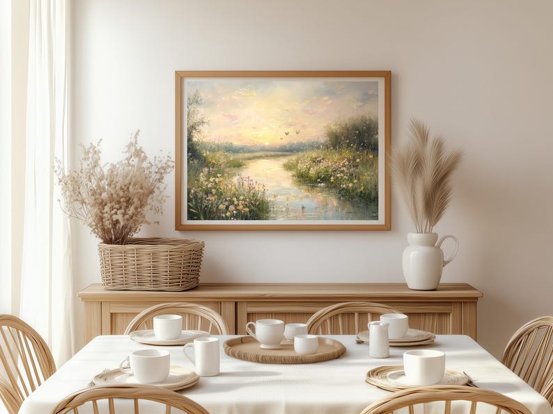 May include: A framed painting of a landscape with a river winding through a field of wildflowers. The sky is a soft blue with a hint of pink and yellow. The painting is in a wooden frame and is hanging on a white wall.