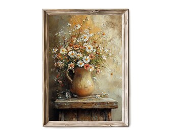 May include: A painting of a bouquet of white and orange flowers in a brown ceramic pitcher on a wooden table.