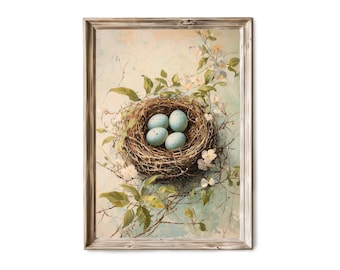 Easter Nest Wall Art, Blue Eggs Spring Floral Decor
