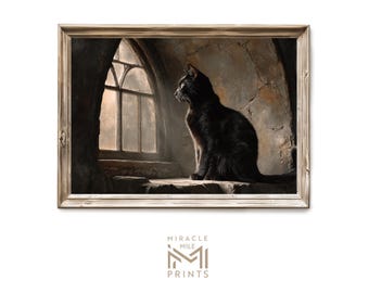 Op de afbeelding: Een ingelijste prent met een zwarte kat die op een stenen richel zit en uit een raam kijkt. Het kunstwerk heeft een vintage esthetiek, met een gedempt kleurenpalet en een focus op licht en schaduw. De prent is van Miracle Mile Prints.