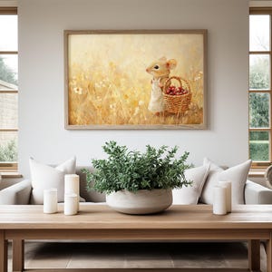 May include: A framed painting of a small mouse holding a basket of red berries in a field of yellow wildflowers.