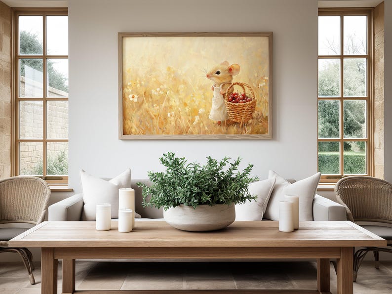 May include: A framed painting of a small mouse holding a basket of red berries in a field of yellow wildflowers.