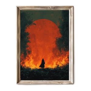 Halloween Wall Art, Retro Horror Oil Painting with Witch and Fire, Spooky Vintage Decor, Dark Haunted Scene Printable Artwork 257
