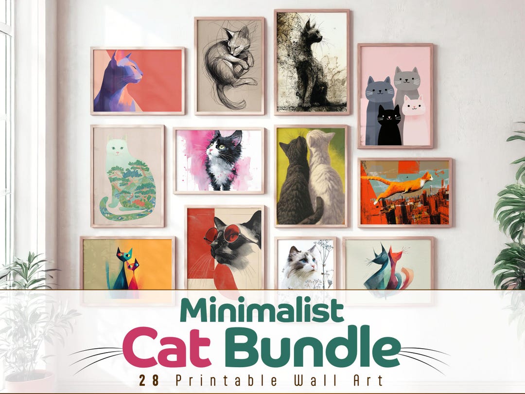 Minimalist Cat Wall Art Bundle | Black and White Feline Sketch Gallery ...