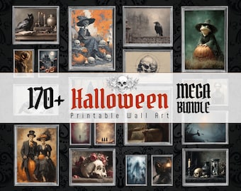 May include: A collection of framed Halloween-themed printable wall art. The images feature spooky skeletons, ravens, pumpkins, and other gothic elements. Text on the image reads "170+ Halloween Printable Wall Art MEGA BUNDLE."