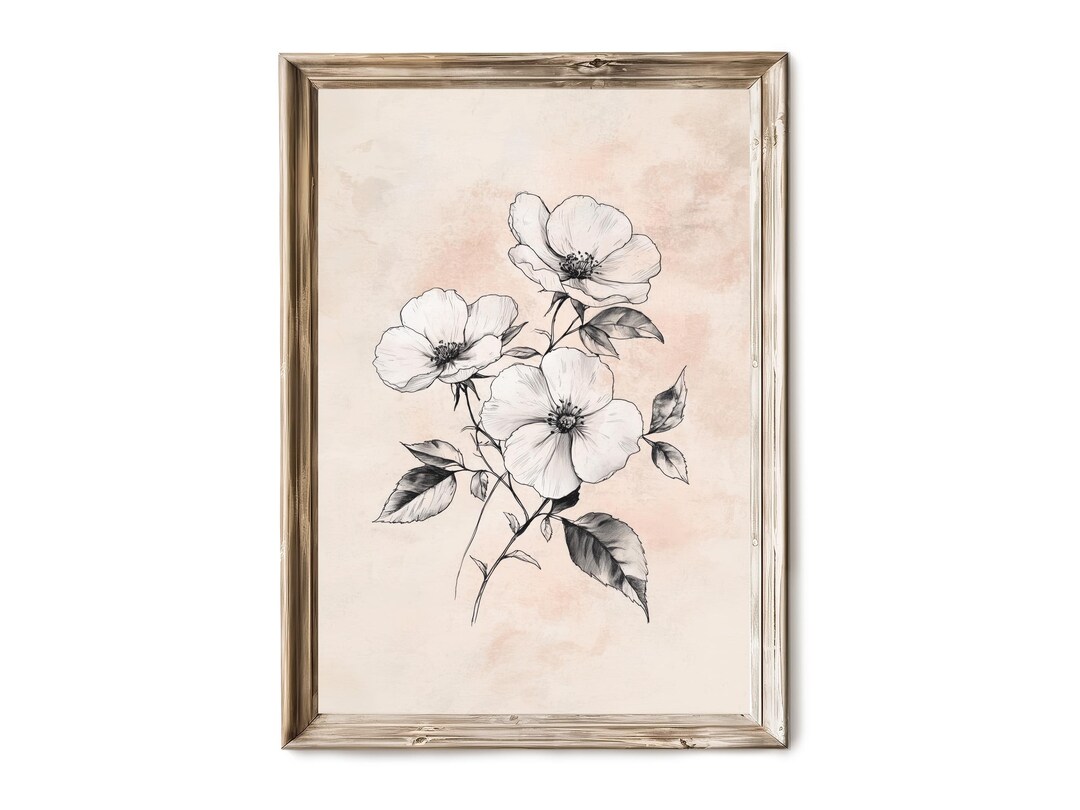 Vintage Ink Rose Sketch Wall Art Printable, Botanical Flower Drawing ...