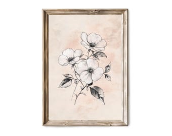 Dibujo de rosa vintage en tinta para imprimir en la pared, dibujo botánico de flores, decoración floral rústica de un solo tallo, impresión digital de arte lineal 8