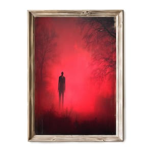 Printable Halloween Wall Art, Red Fog Forest Scene with Lone Figure, Vintage Horror Vibe, Spooky Gothic Digital Artwork Decor 299