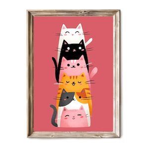 Pink Cat Stack Illustration Printable Art V 527