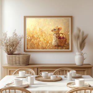 May include: A painting of a small mouse wearing a dress and carrying a basket of red berries in a field of yellow wildflowers.