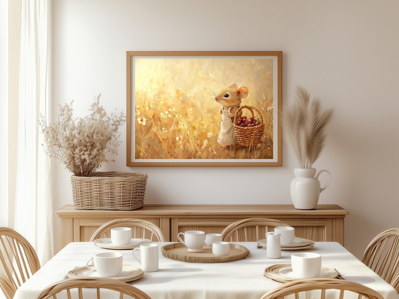 May include: A painting of a small mouse wearing a dress and carrying a basket of red berries in a field of yellow wildflowers.