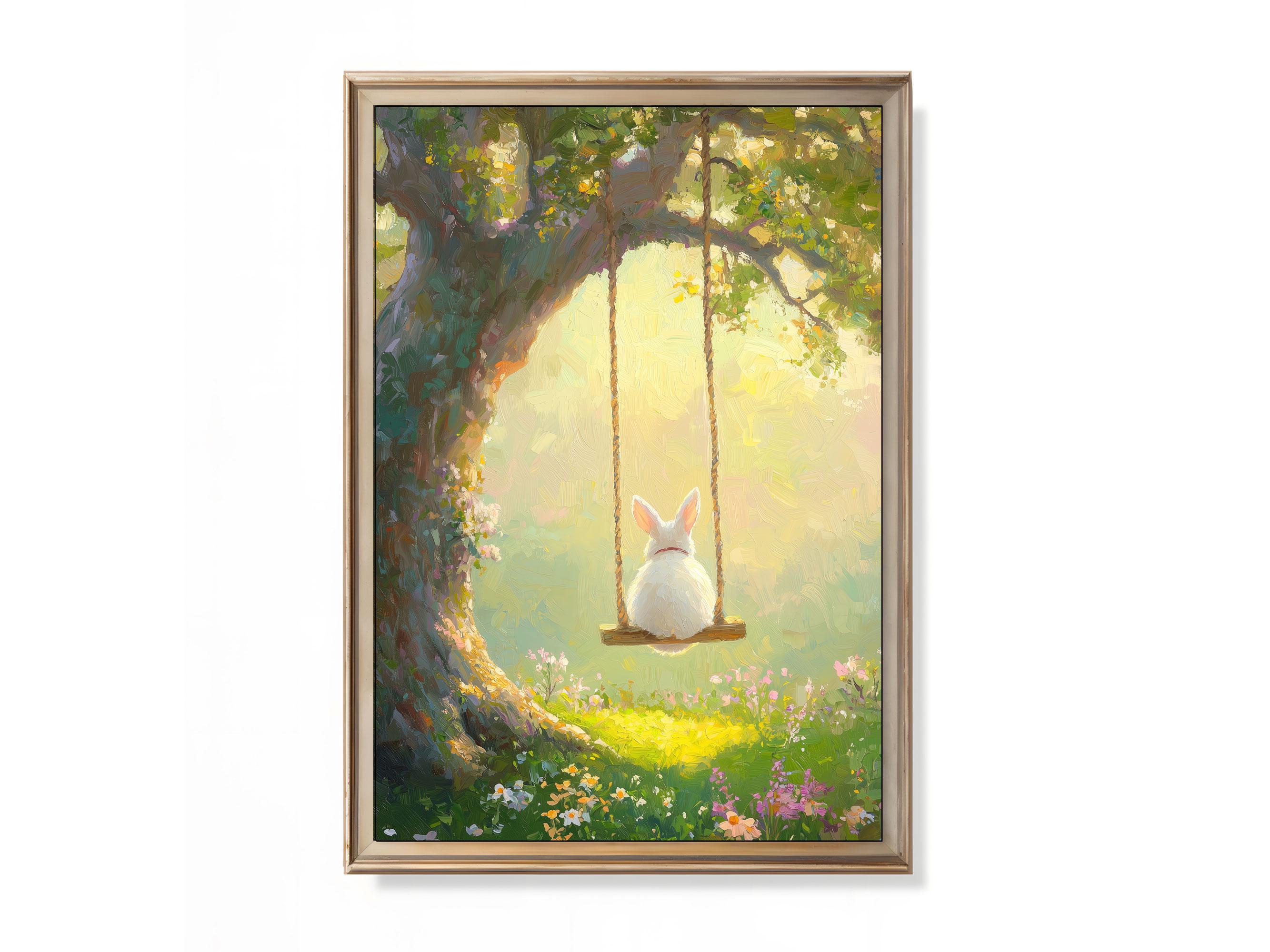 Printable Easter Bunny Wall Art Swing, Vintage Oil Painting Digital ...