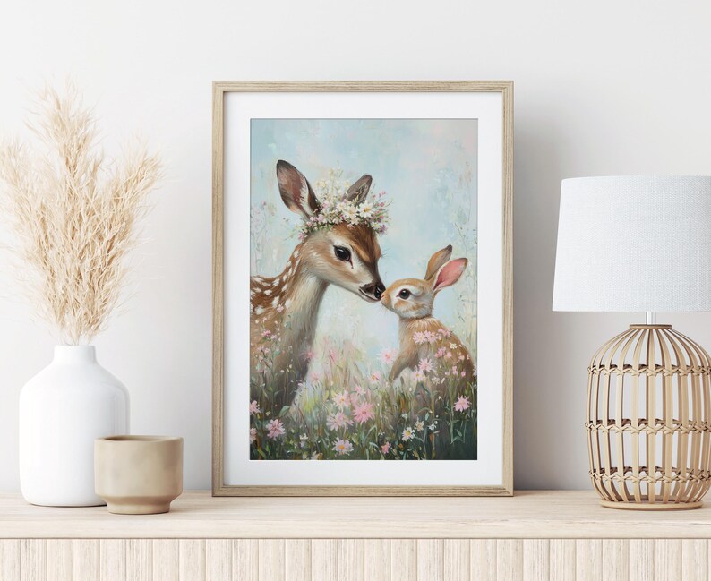 Easter Fawn Bunny Print, Woodland Spring Nursery Art - Etsy