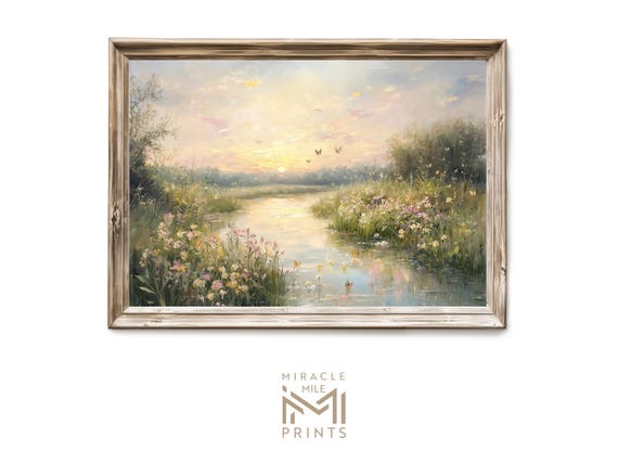 Spring River Landscape Wall Art, Rustic Wildflower Decor