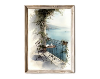 Seaside Bistro Summer Print, Coastal Patio Painting, Vintage Nautical Wall Art, Serene Ocean Overlook Digital Decor 27