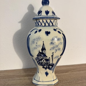 Vintage Hand Painted Delft Blue Ginger Jar | Dutch Ceramic Lidded Vase | Made in Holland