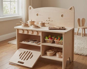 Maple Plywood Play Kitchen | Magnetic Oven, Storage Shelves