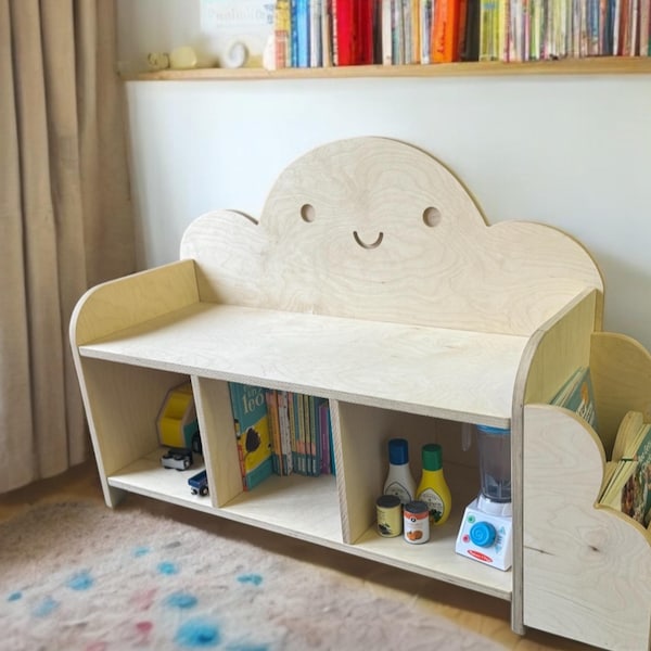 Cloud Bookshelf with Storage Bench | Montessori Wooden Furniture| Reading nook