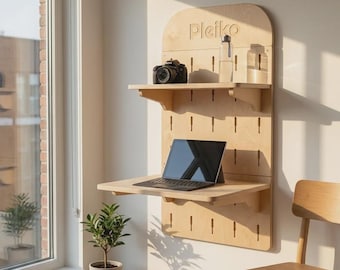 Maple Plywood Wall Desk | Adjustable Pegboard Standing Desk| small space furniture| small Home office
