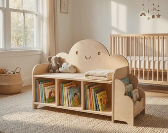 Cloud Bookshelf with Storage Bench | Montessori Wooden Furniture| Reading nook